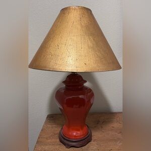 Chinese Sang De Boeuf Oxblood Ginger Porcelain Table Lamp w Gold Hardback Shade